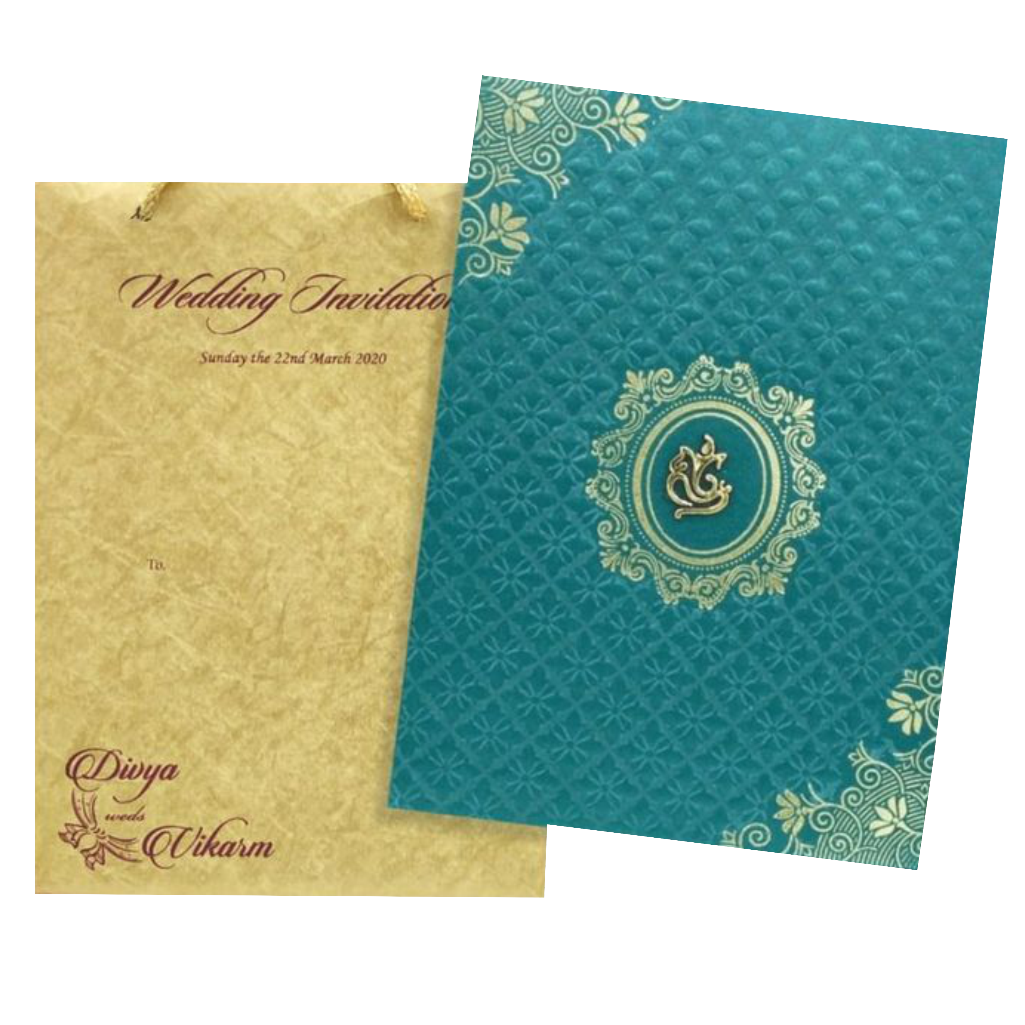 Gracious Gold And Blue Shading With Ganesha Theme Padded Wedding Card-KCCT20GP