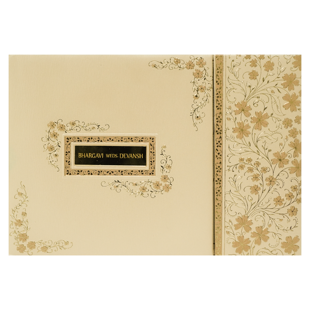 Cream Gold Floral Rectangular Padded Wedding Card-KSSC2390