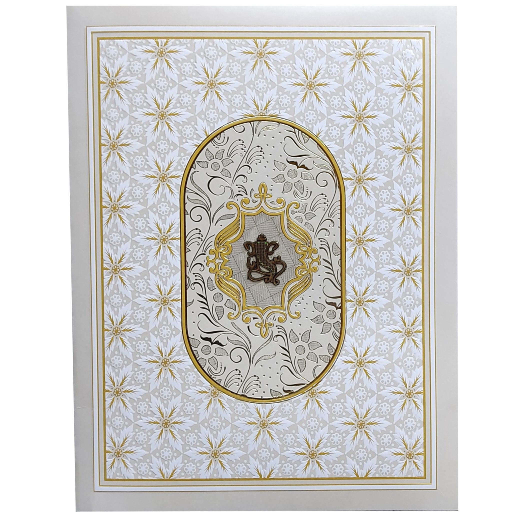 White Ganesha Gold Embossed Wedding Card-KNJS2078