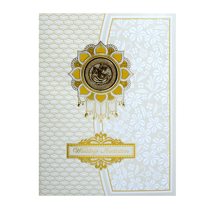 White Embossed Ganesha Invitation Card-KNK7061W