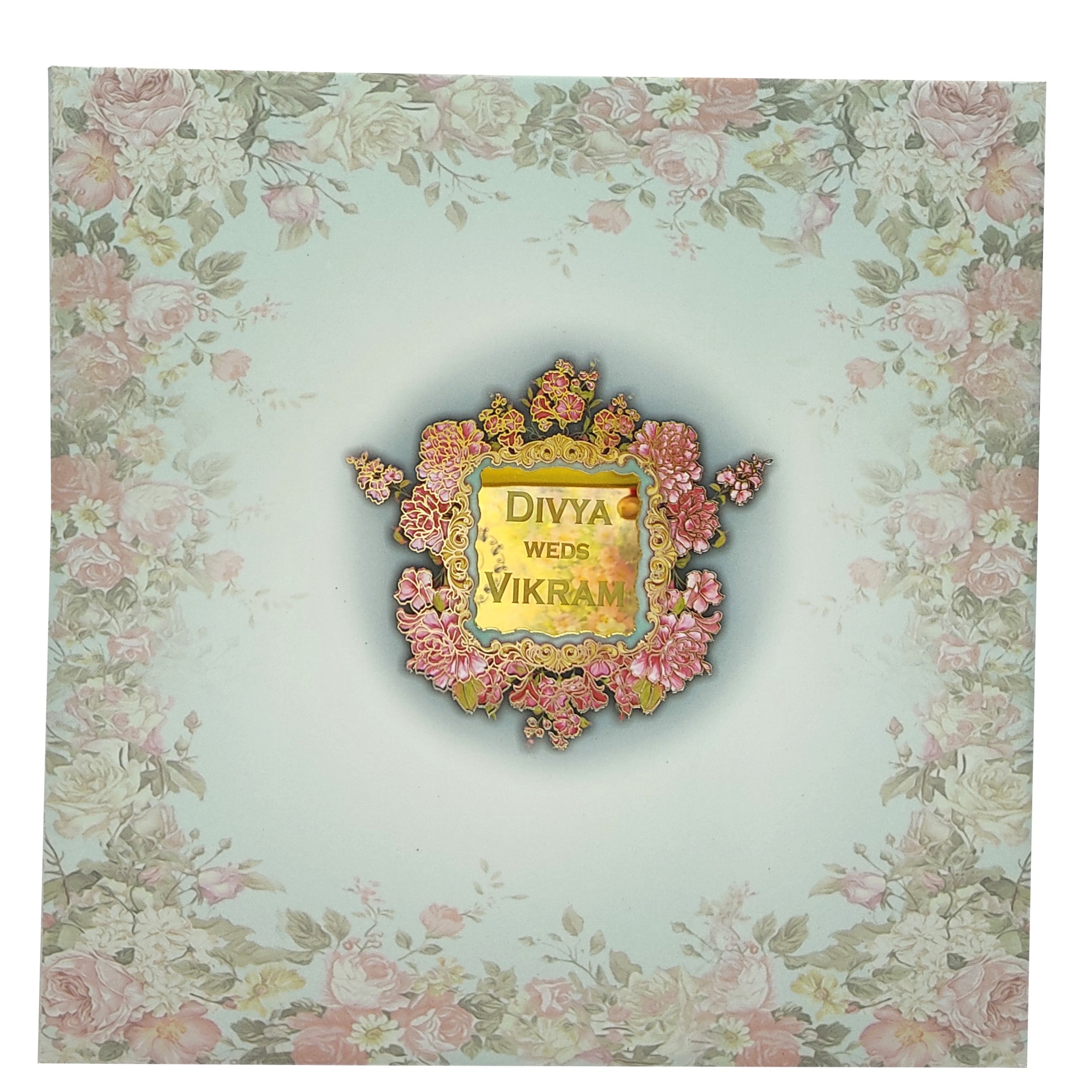 Blue Padded Floral Wedding Card In Offset-KNPO5515B