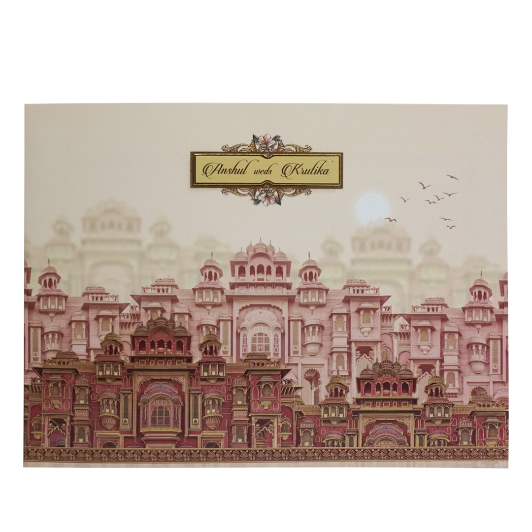 Beige Palace Wedding Invitation Card-KAC05130