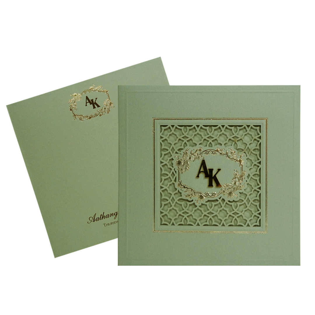 Green Laser Cut Padded Wedding Card Design-KPR23540