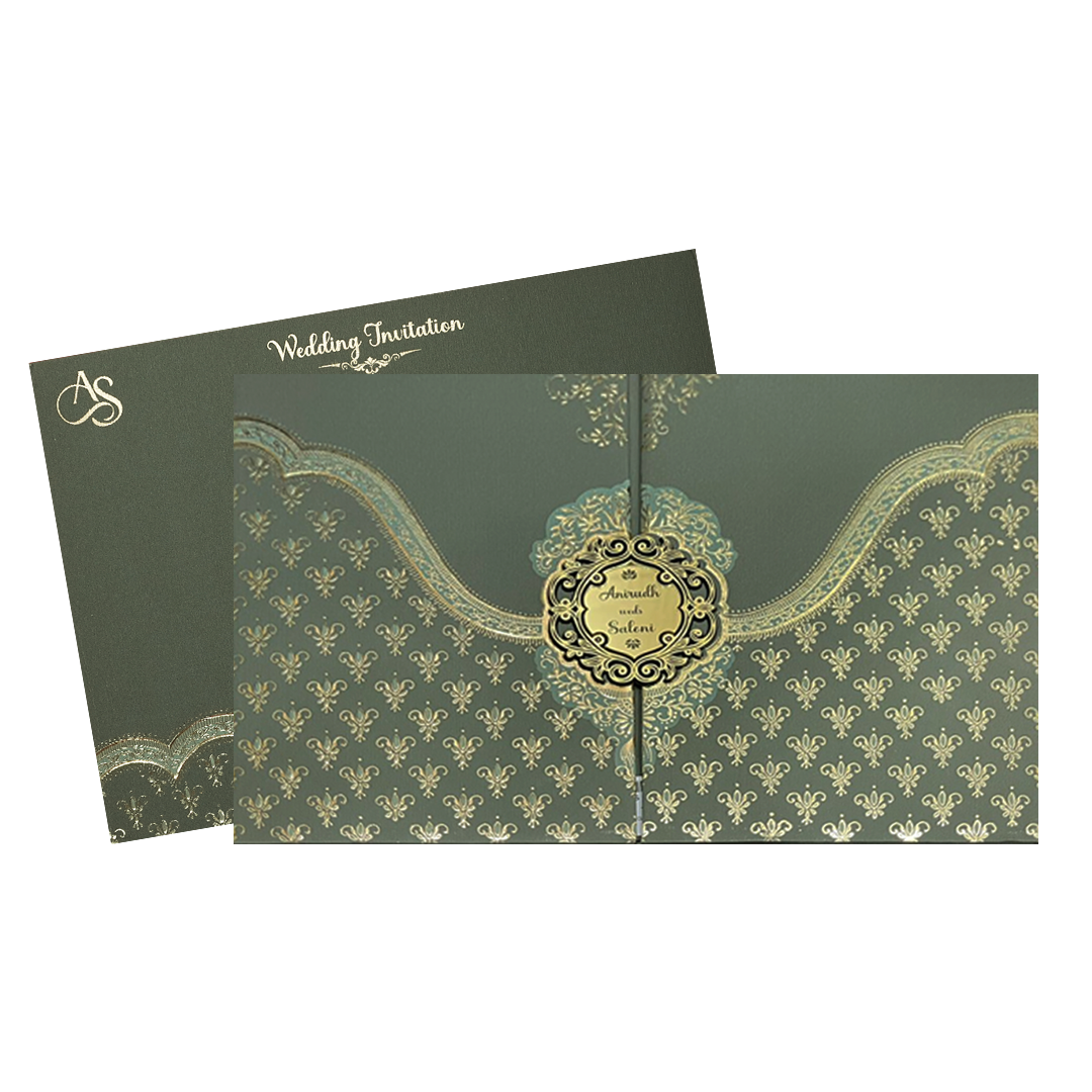 Green Gold Floral Padded Wedding Card-KSI64300
