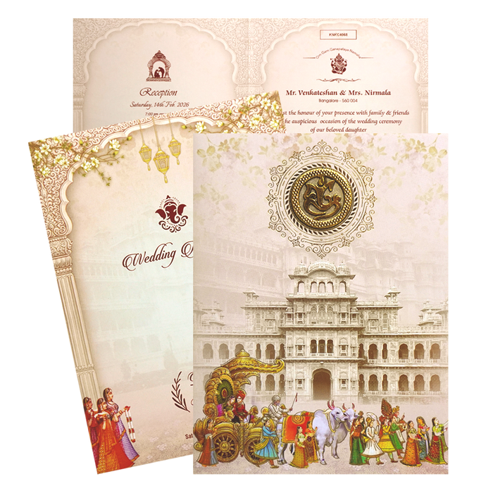 Cream Traditional Dholi Wedding Card-King of Cards