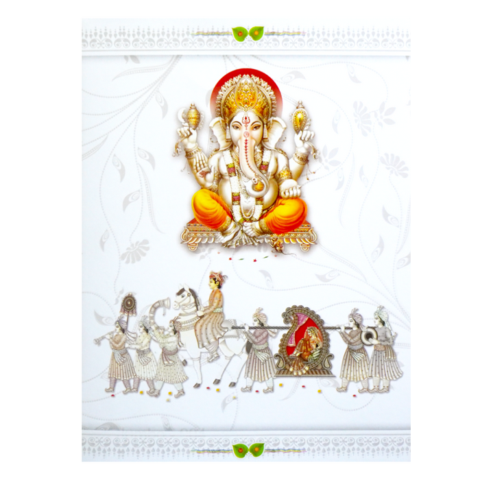 White Classic Ganesha Wedding Card With Doli Baraat-KNK1292-King of Cards