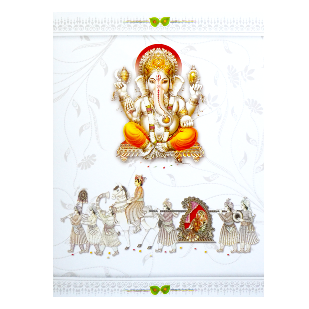 White Classic Ganesha Wedding Card With Doli Baraat-KNK1292