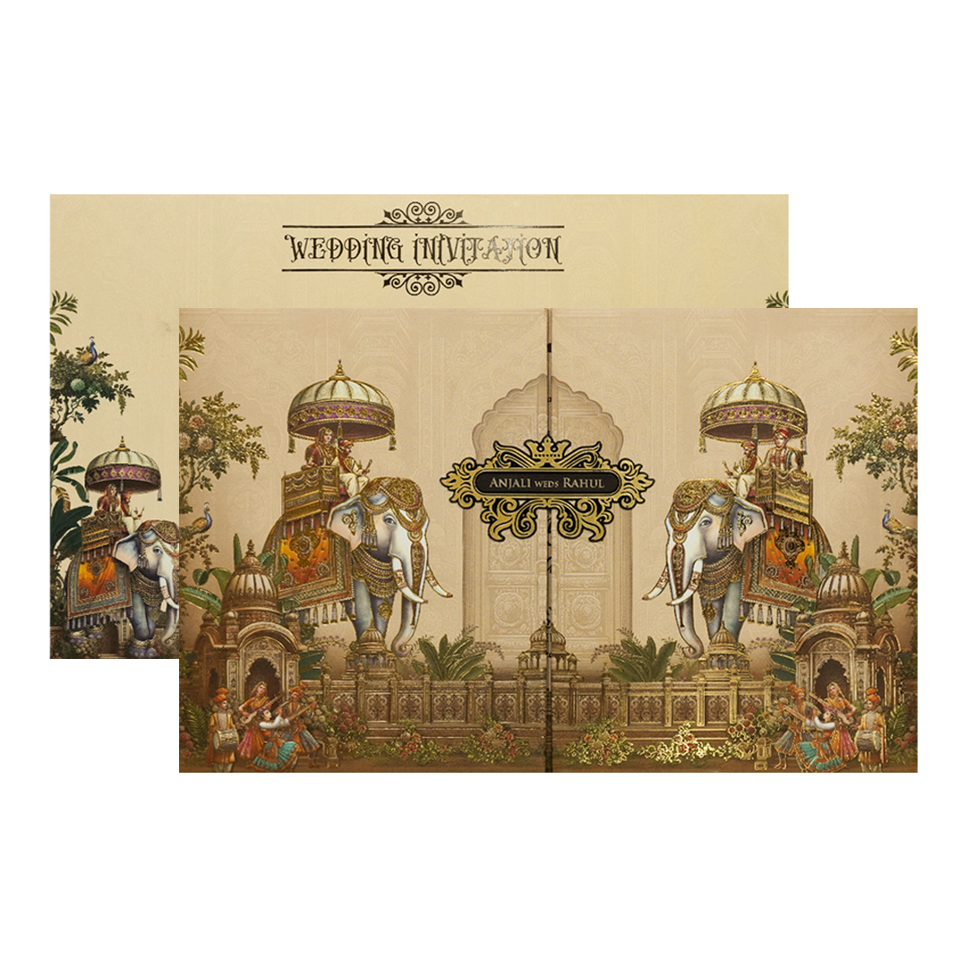 Cream Palace Elephant Padded Wedding Card-KSH72170