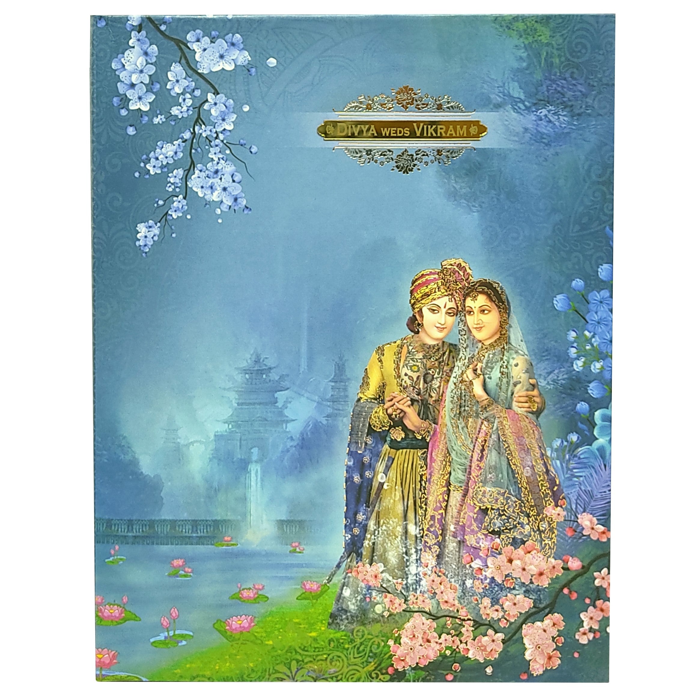 Blue Royal Padded Wedding Card With Palace Background-KNPO8511B