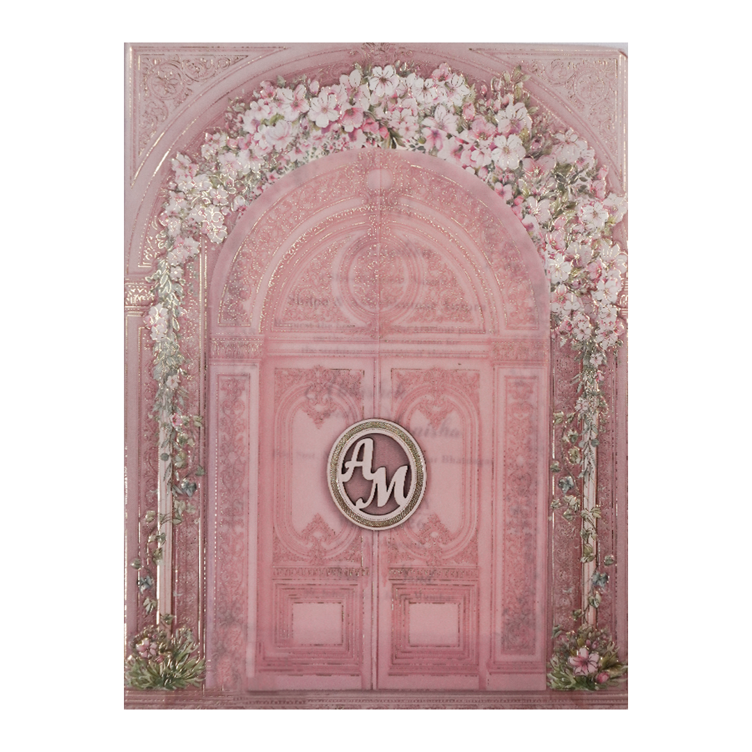 Pink Floral Arch Gate Padded Wedding Card-KSI64380