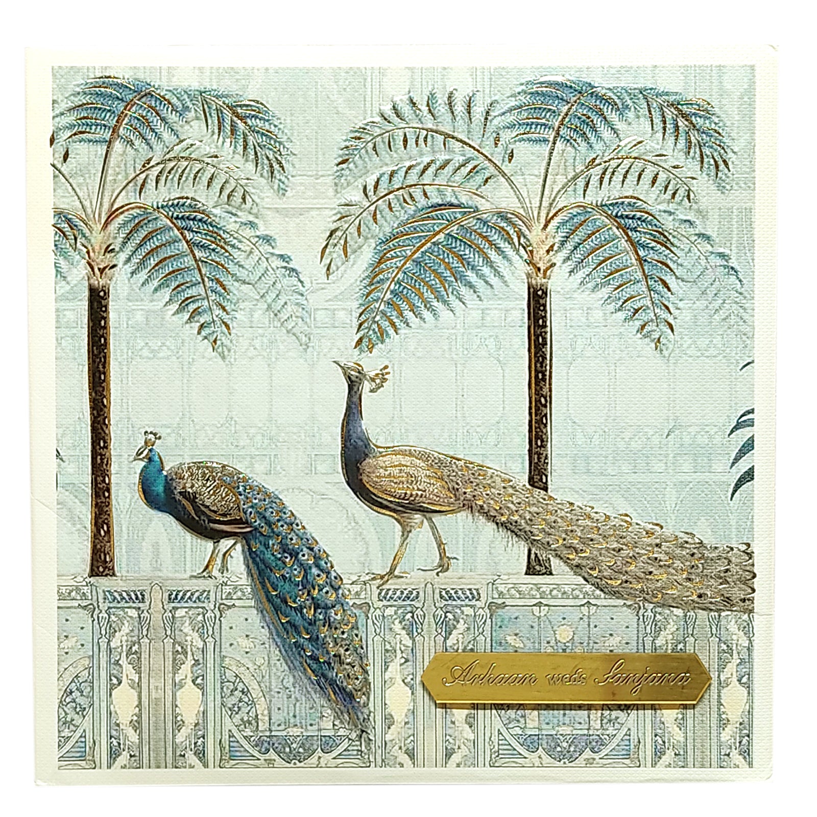 Blue Peacock Padded Nameplate Invitation Card-KRC29810