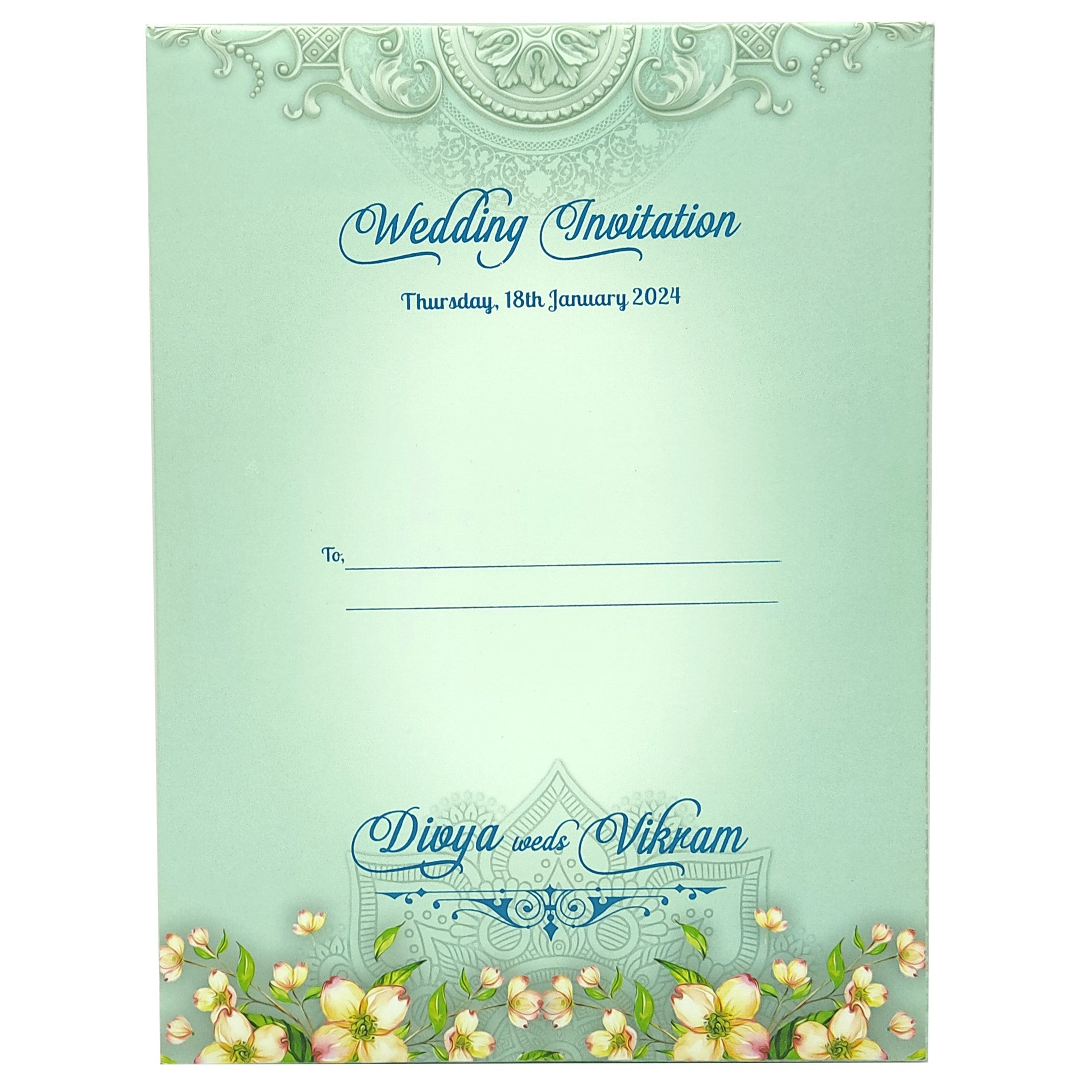 Blue Padded Floral Wedding Card In Offset-KNPO9530B