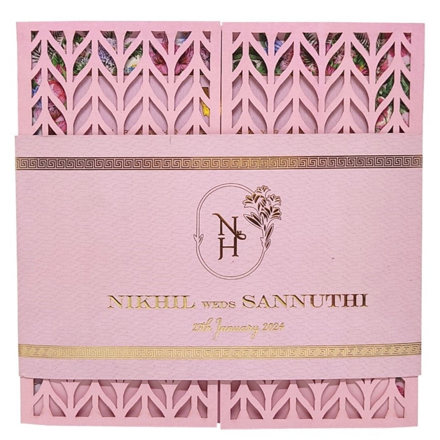 Pink Trendy Laser Cut Invitation With Gold Wedding Logo-KNKYP003