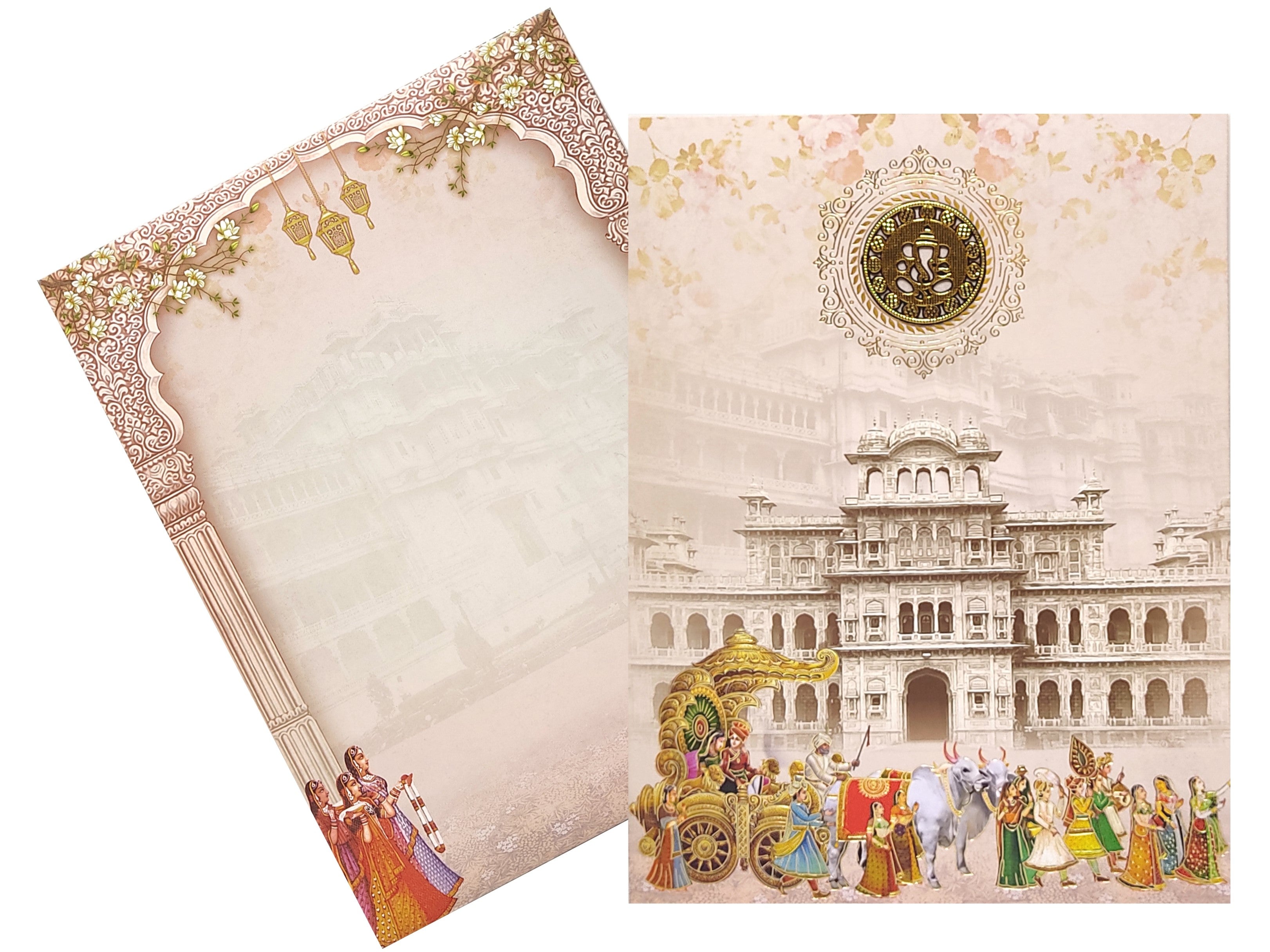 Grey Offset Print With Palace and Baraat Design Invitation-KNKJ1099