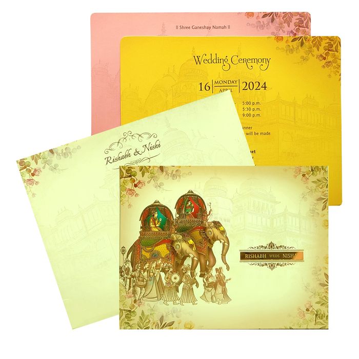 Selling Cream elephant padded invitation card online. Buying invitation cards made easy with King of Cards! &