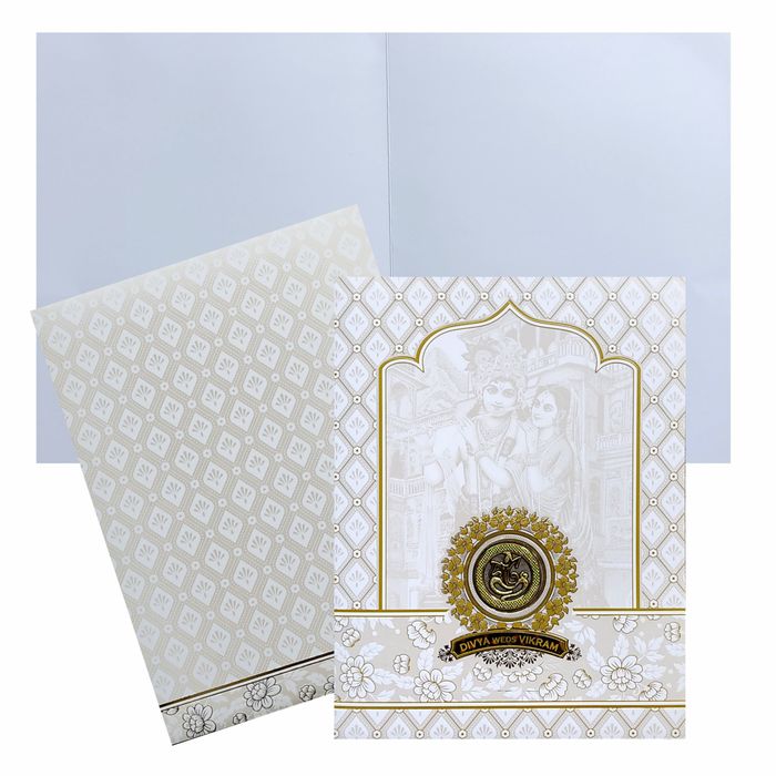 White Radhe Krishna Nameplate Invitation Card-King of Cards