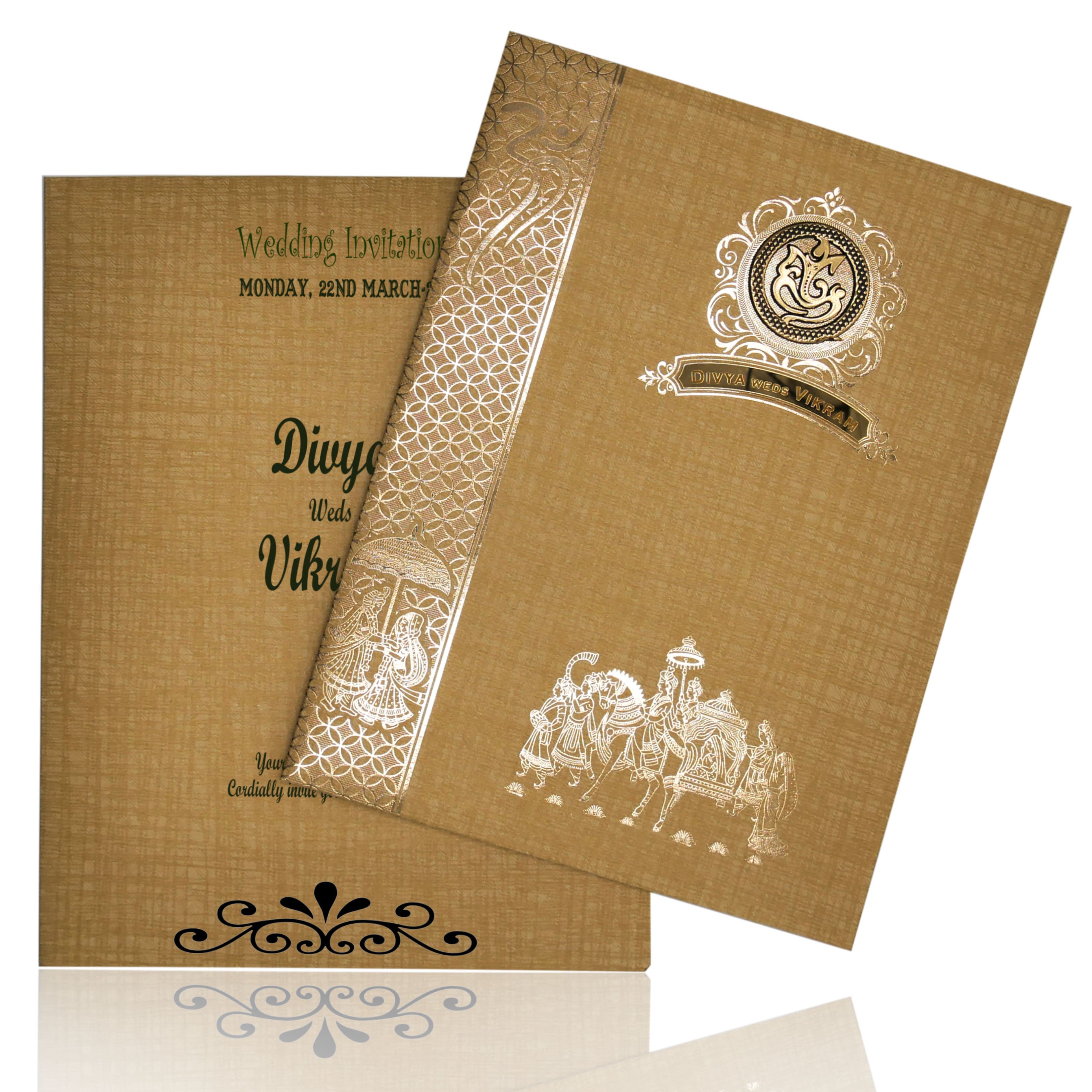 Brown Gold Jumbo Met Size Baraat Design Wedding Card-KNK50280