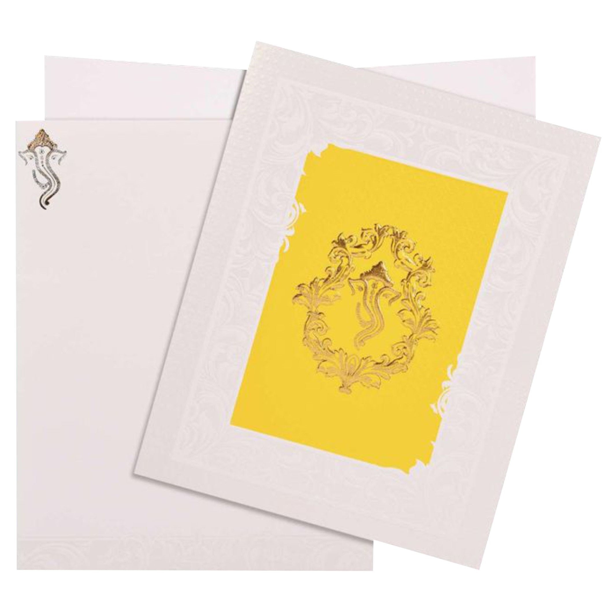 Check out the collection ofWhite and yellow shade ganesha gold foil printinvitation card at best price. ? Customer Support ? Home Delivery