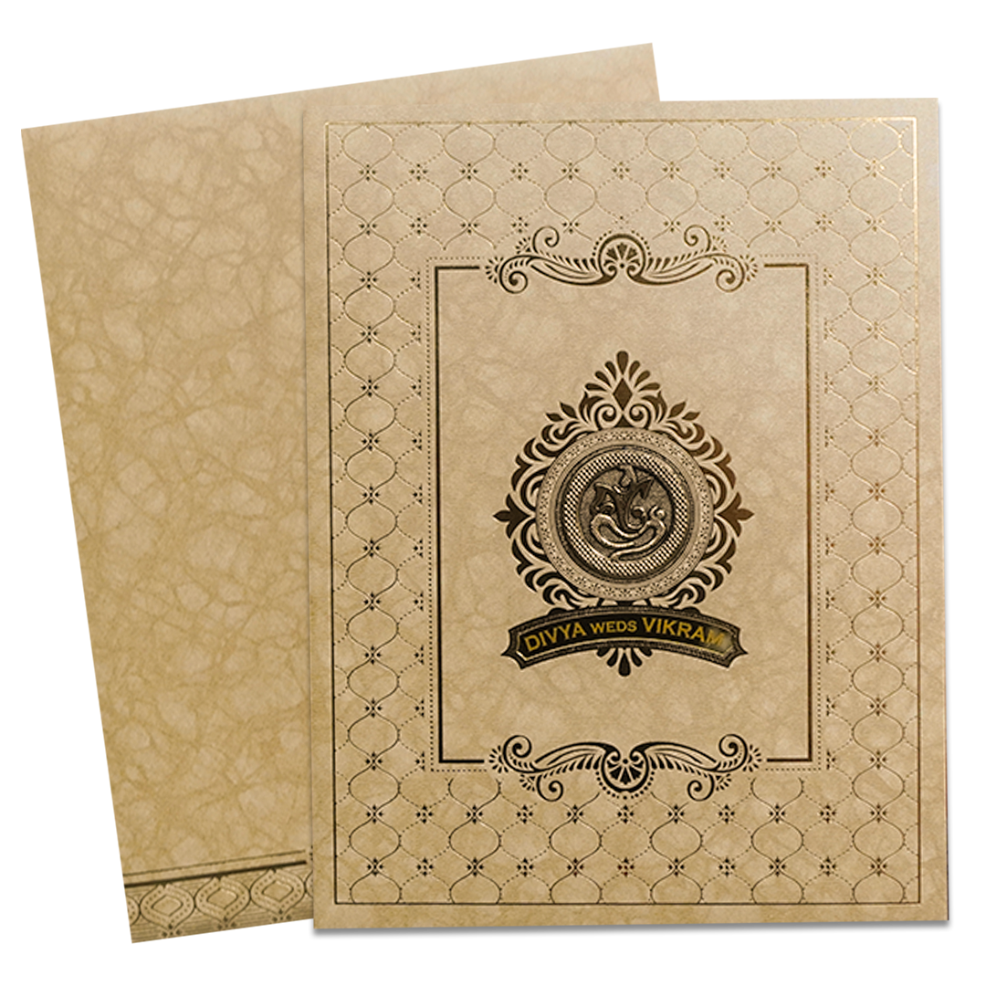 Cream Gold Ganesha Personalized Wedding Card-KNKR5033B