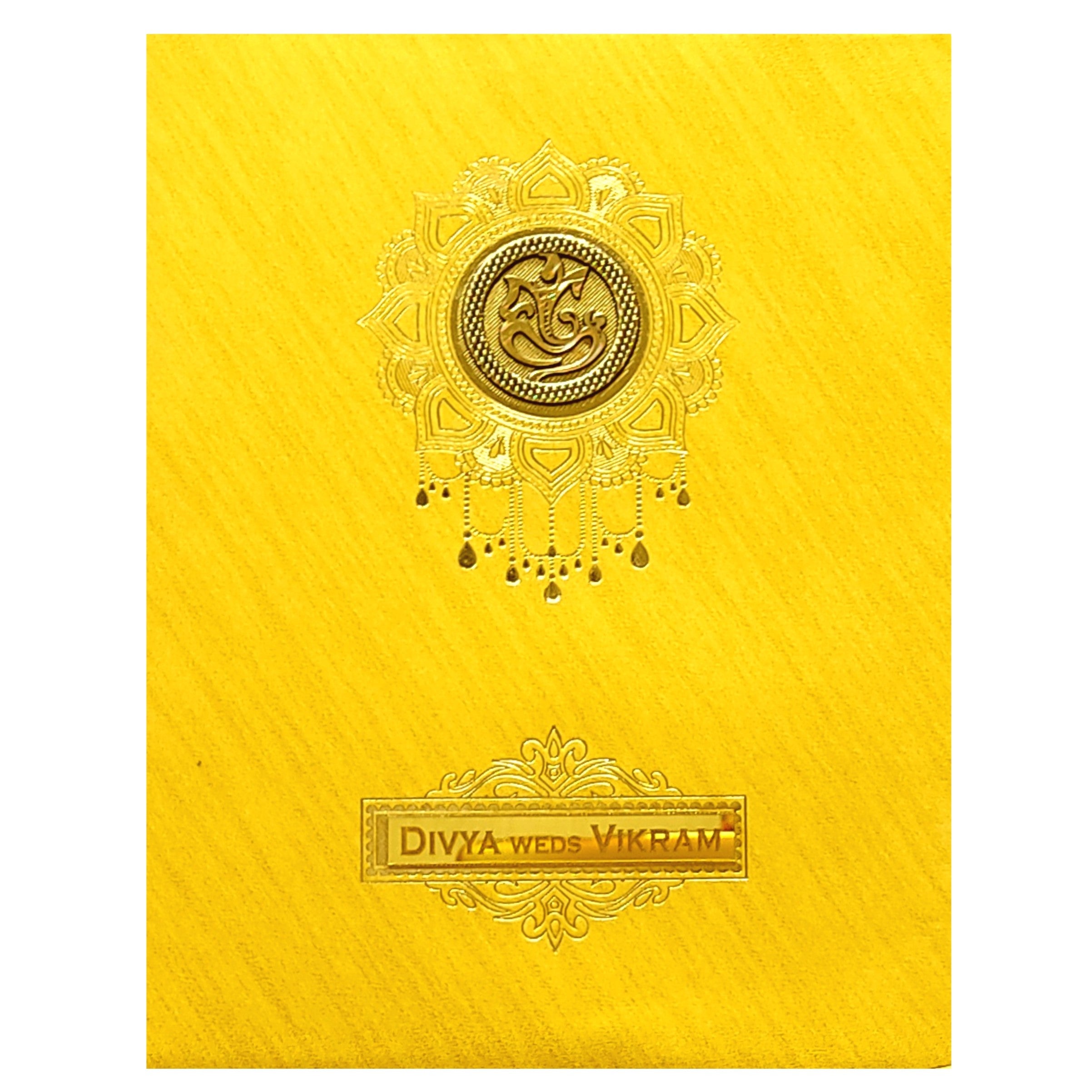 Gold Ganesha Nameplate Wedding Card-KNPJ1508G