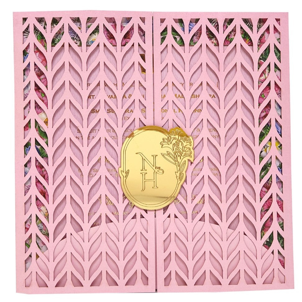 Pink Trendy Laser Cut Invitation With Gold Wedding Logo-KNKYP003