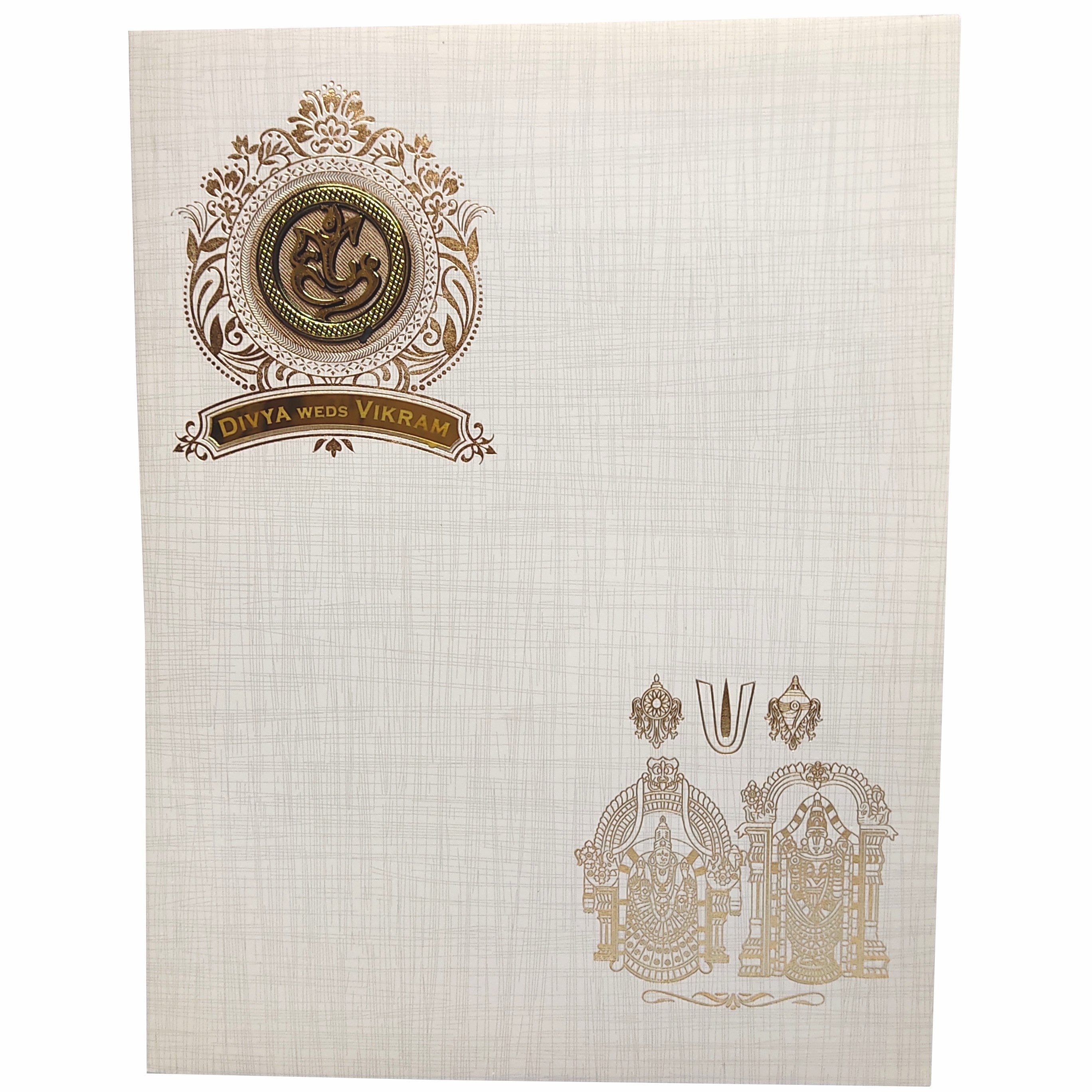 Grey Balaji Padmavathi Foil Nameplate Wedding Card-KNK9401G