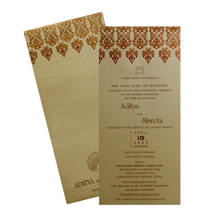 Make your event special with our exclusive Metallic Brown Single Wedding Card. Shop now! ?WhatsApp Support ?Express Delivery.