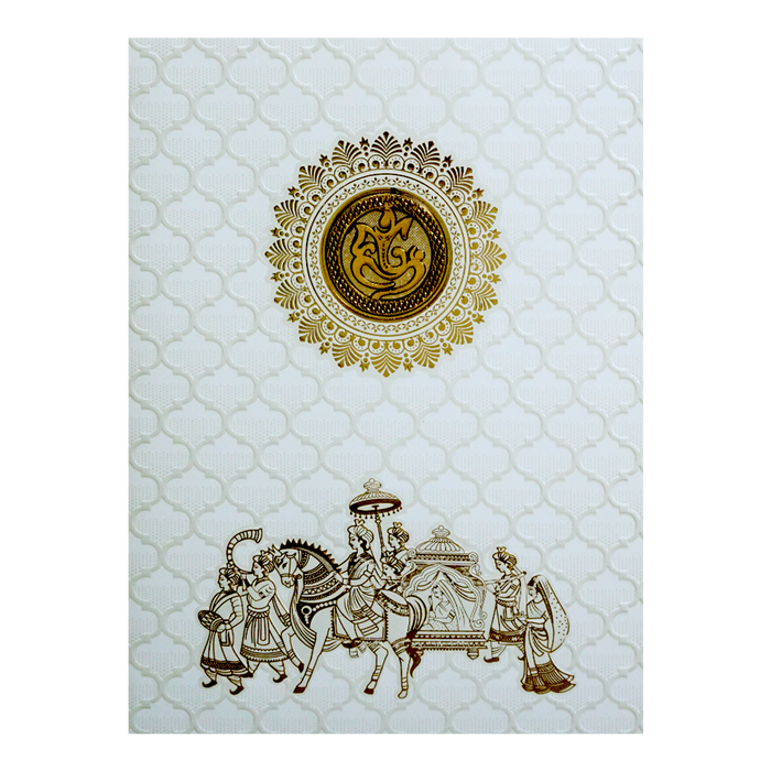 White Embossed Baraat Wedding Invitation Card-KNK70550