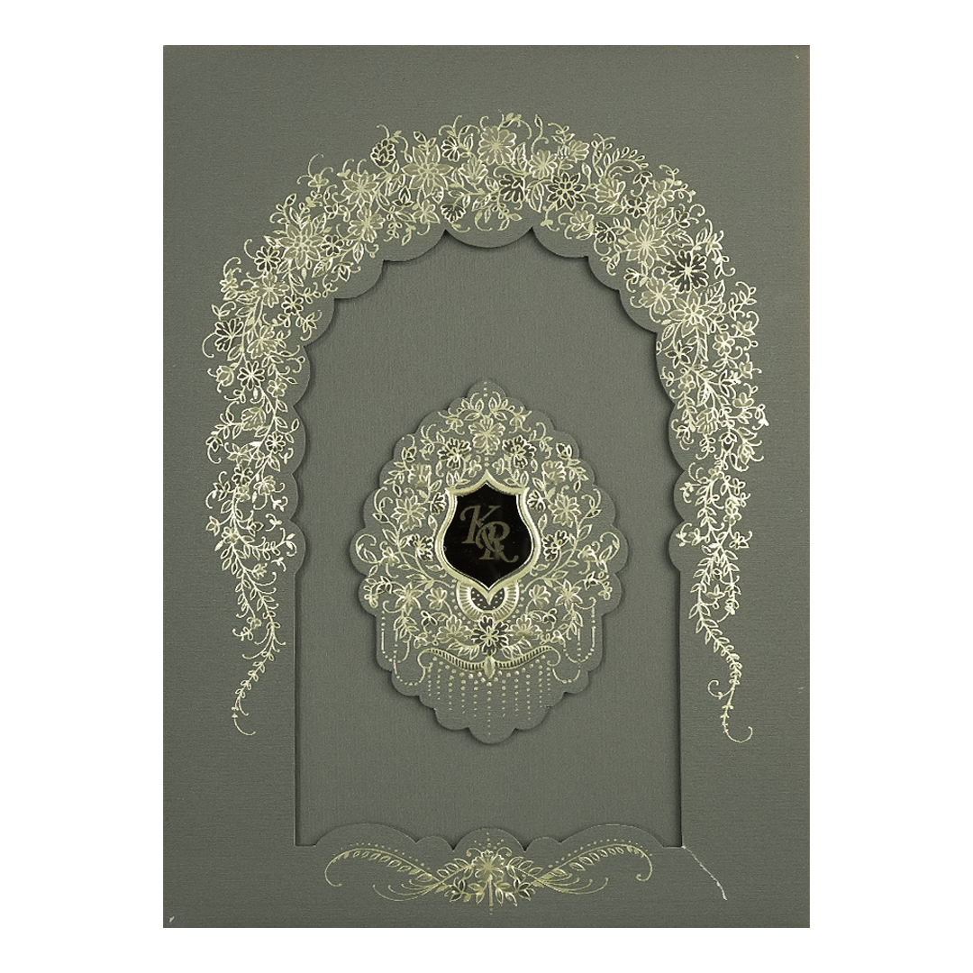 Grey Gold Arch Floral Padded Wedding Card-KSI64470