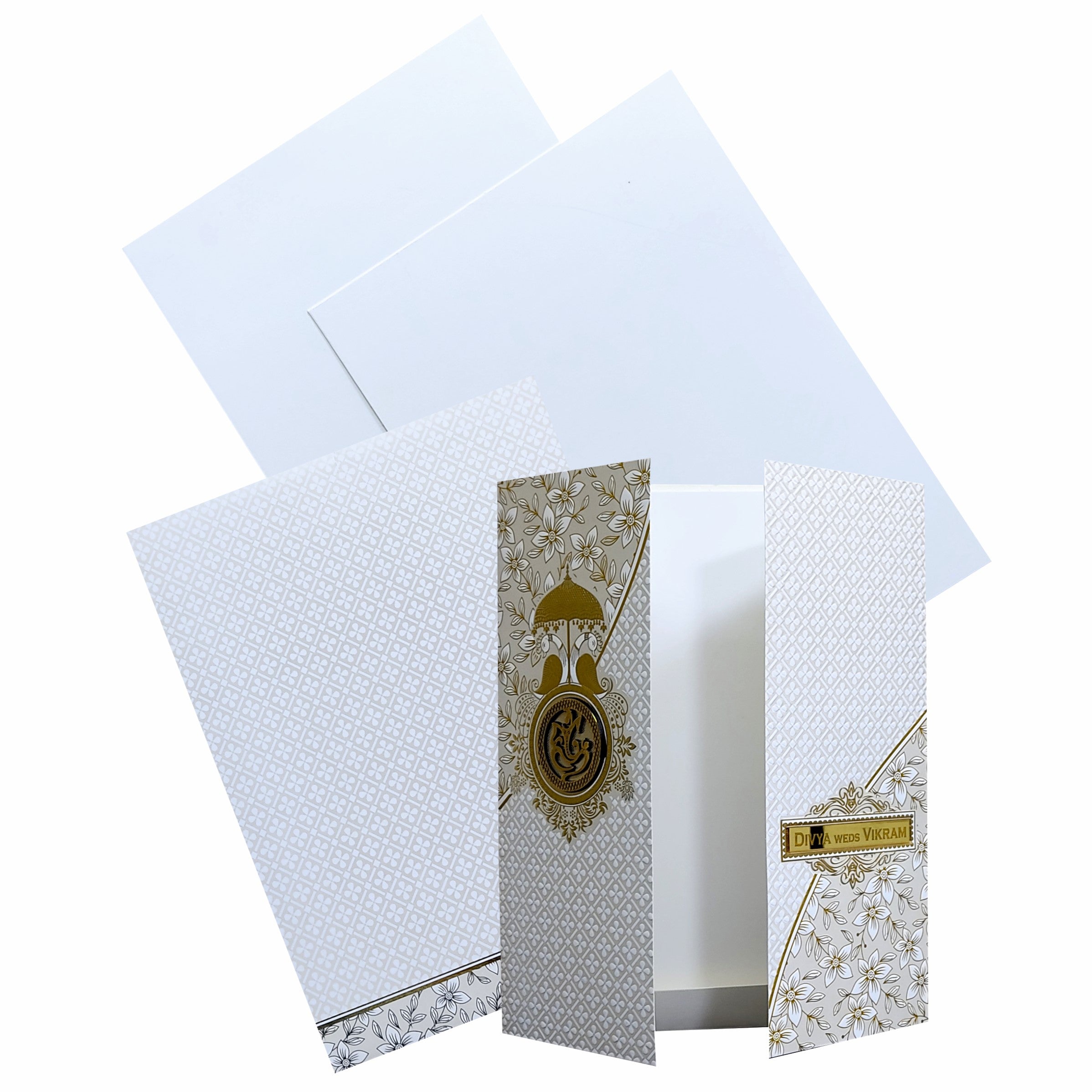 Selling White Floral Nameplate invitation card online. Buying invitation cards made easy with King of Cards! ?Customer Support ?Home Delivery.