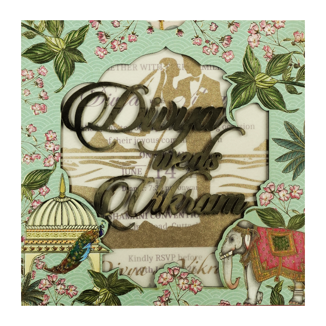 Green Laser-Cut Floral Peacock, Elephant Wedding Card - KNPL5806