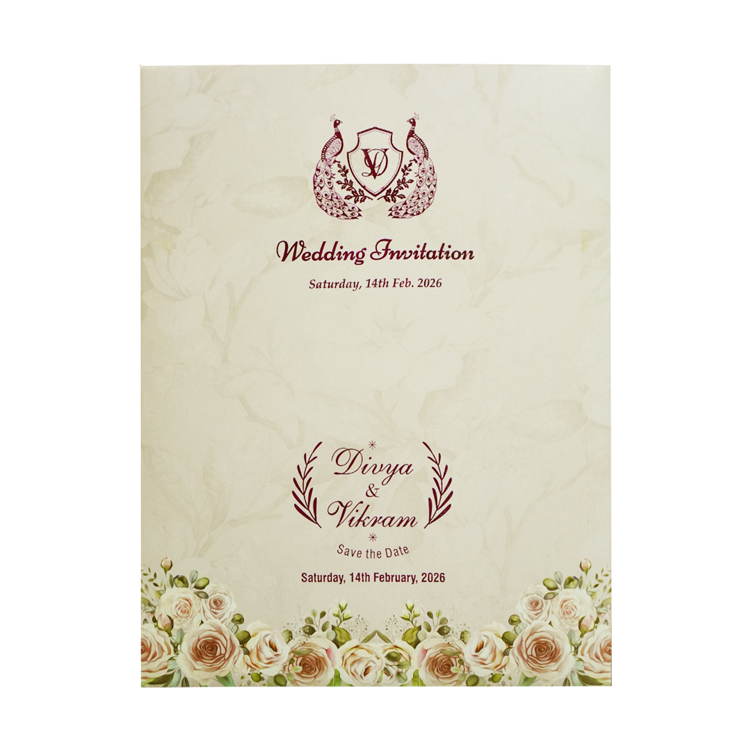 Ivory Traditional Peacock Nameplate Invitation Card-KNTY6802