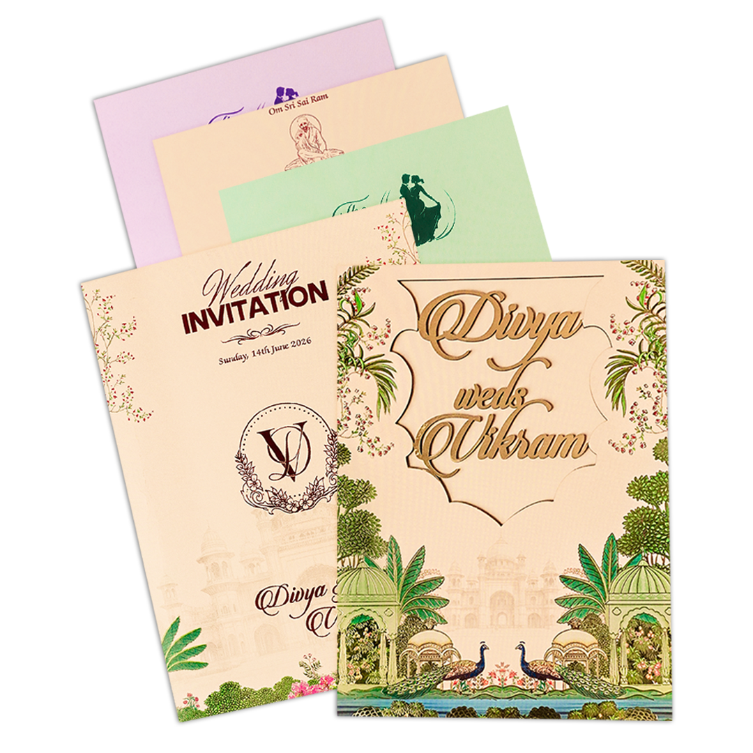 Check out Cream Palace Peacock Padded Wedding Card at best price. ?WhatsApp Support ?Express Delivery. | King of Cards.