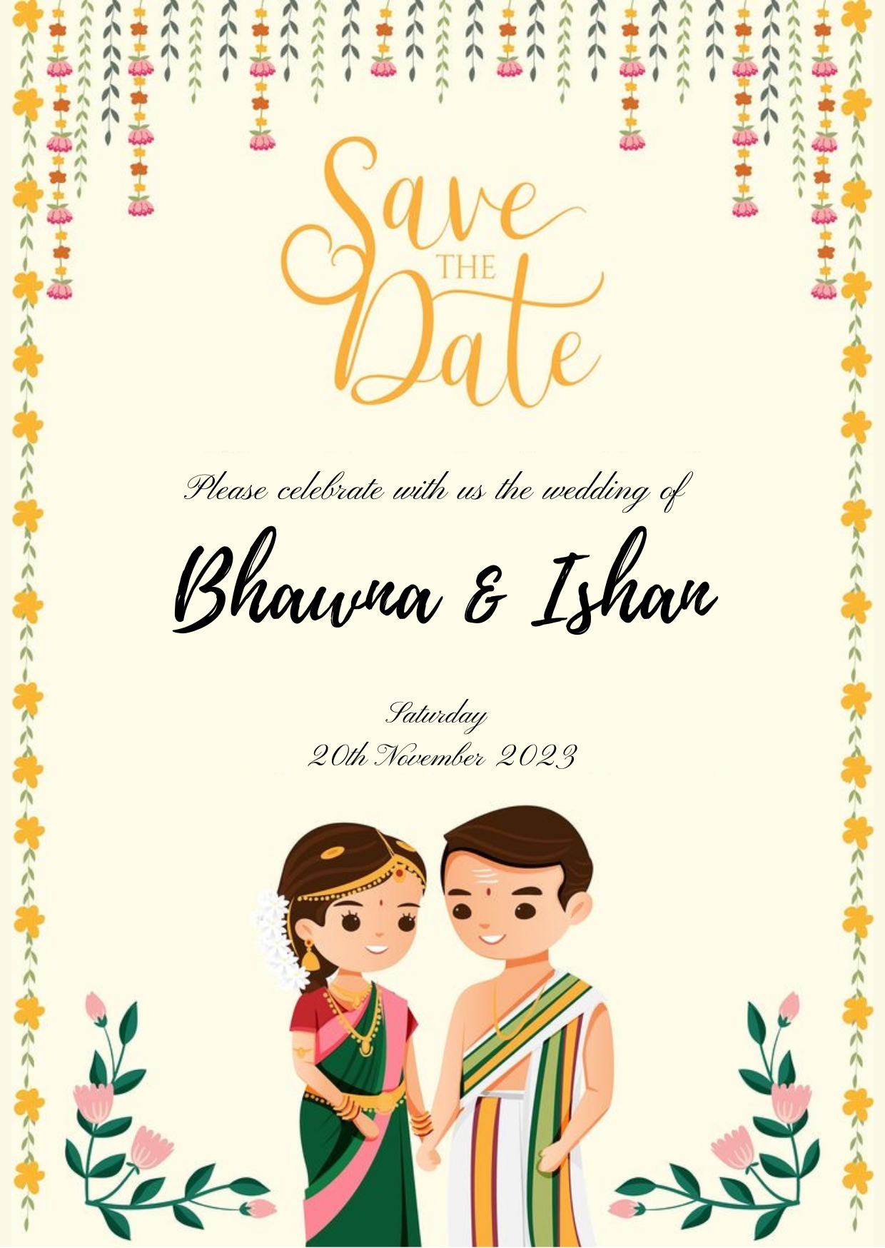 Beige Cute Couple South Indian Wedding Invitation-King of Cards