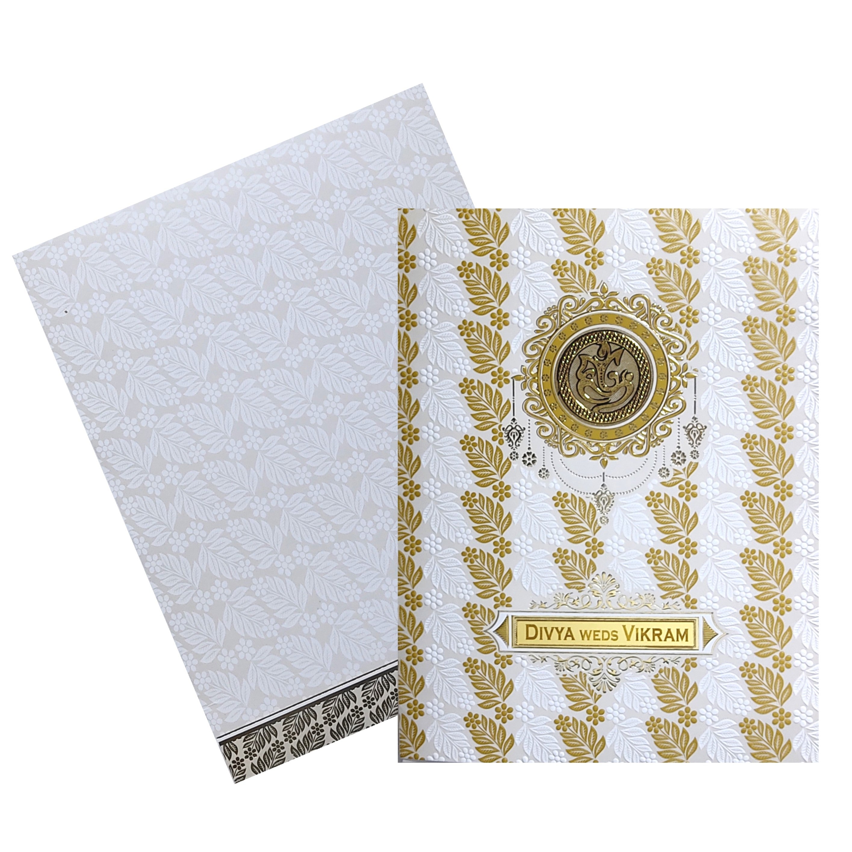 White Ganesha Embossed Floral Wedding Card-KNK9202W