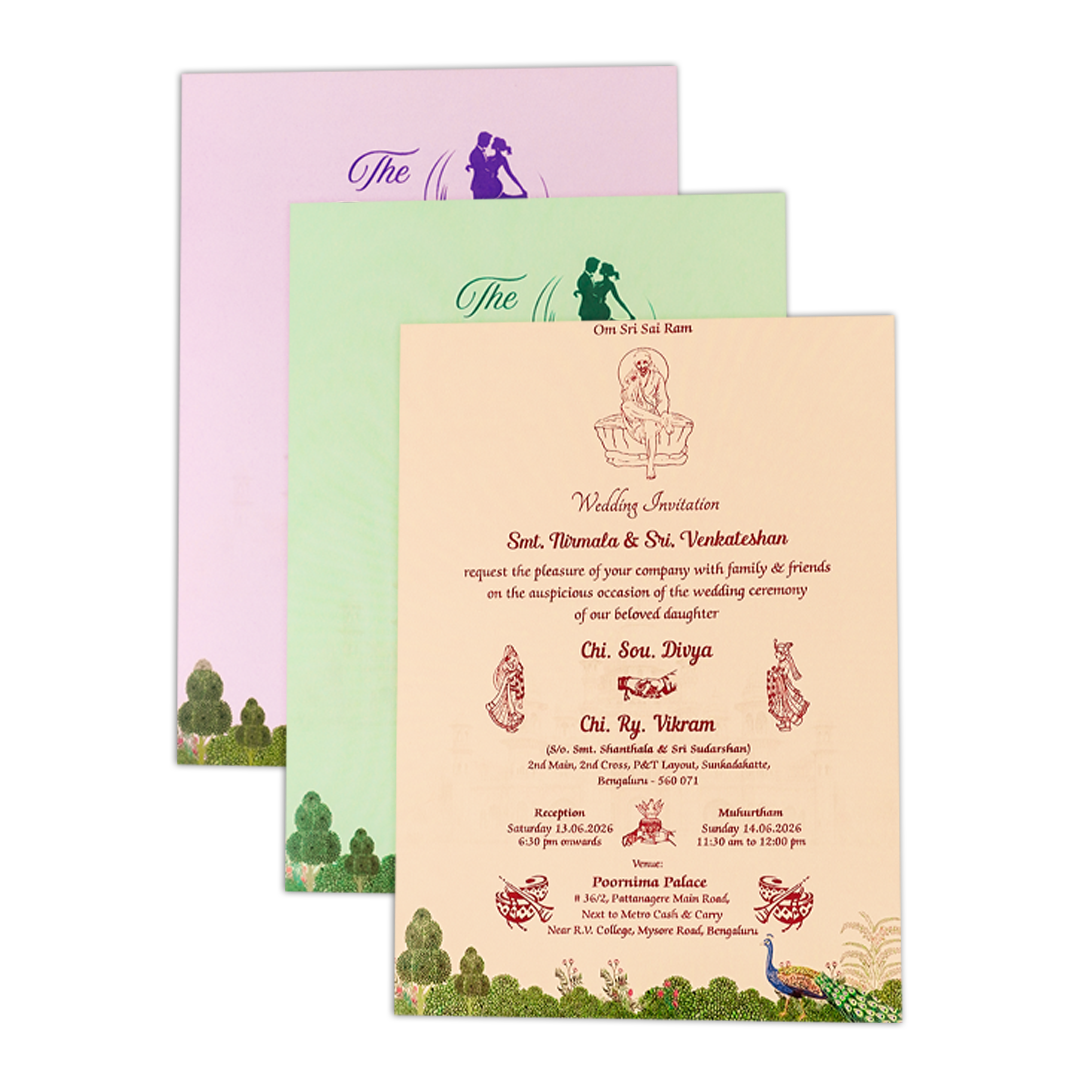 Cream Palace Peacock Padded Wedding Card-KNOR5203