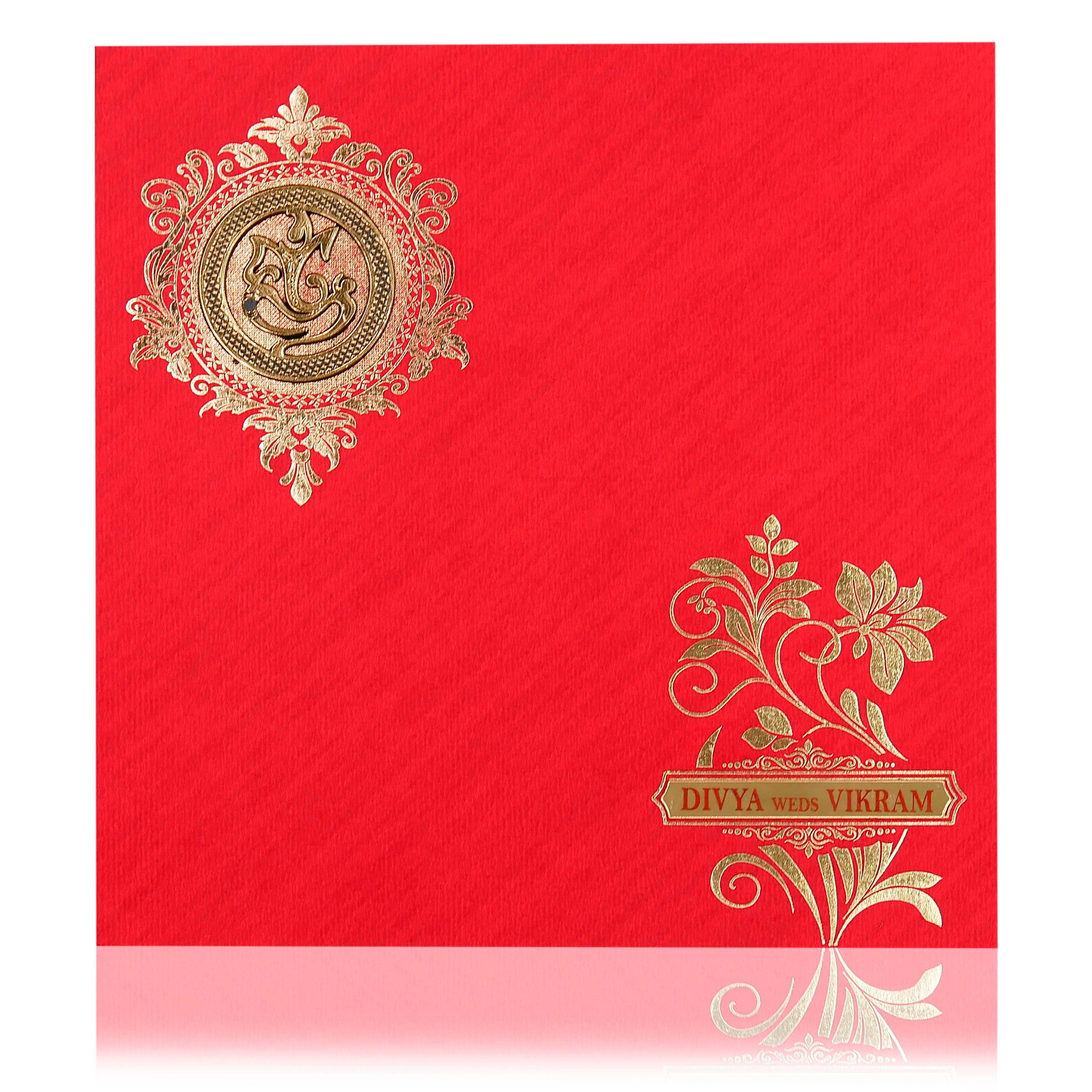 Red Wedding Invitation Card With Name Plate And Ganesha Sticker-KNBP901R