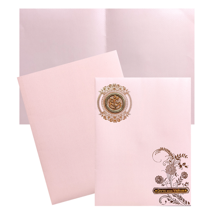 Pink floral single sheet marriage card features arclyic name plate and ganesha sticker with one insert. Shipping and printing charges are extra.