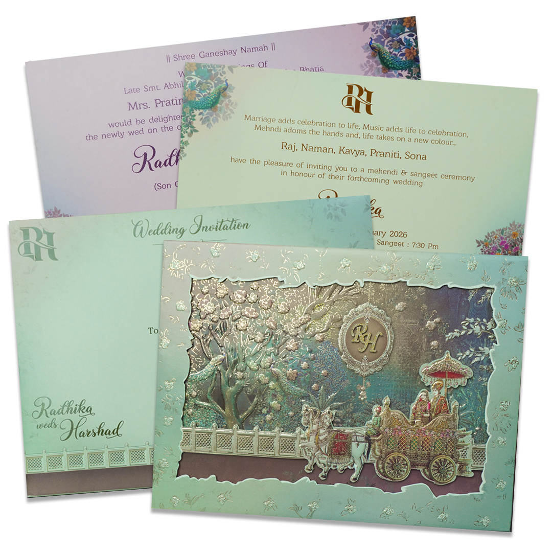Check out green procession padded wedding card at best price. ?WhatsApp Support ?Express Delivery.|King of cards.