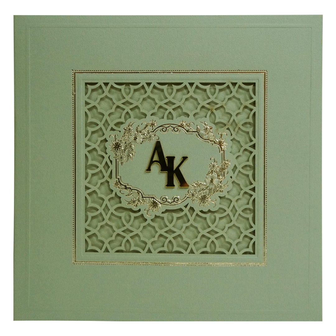 Green Laser Cut Padded Wedding Card Design-KPR23540