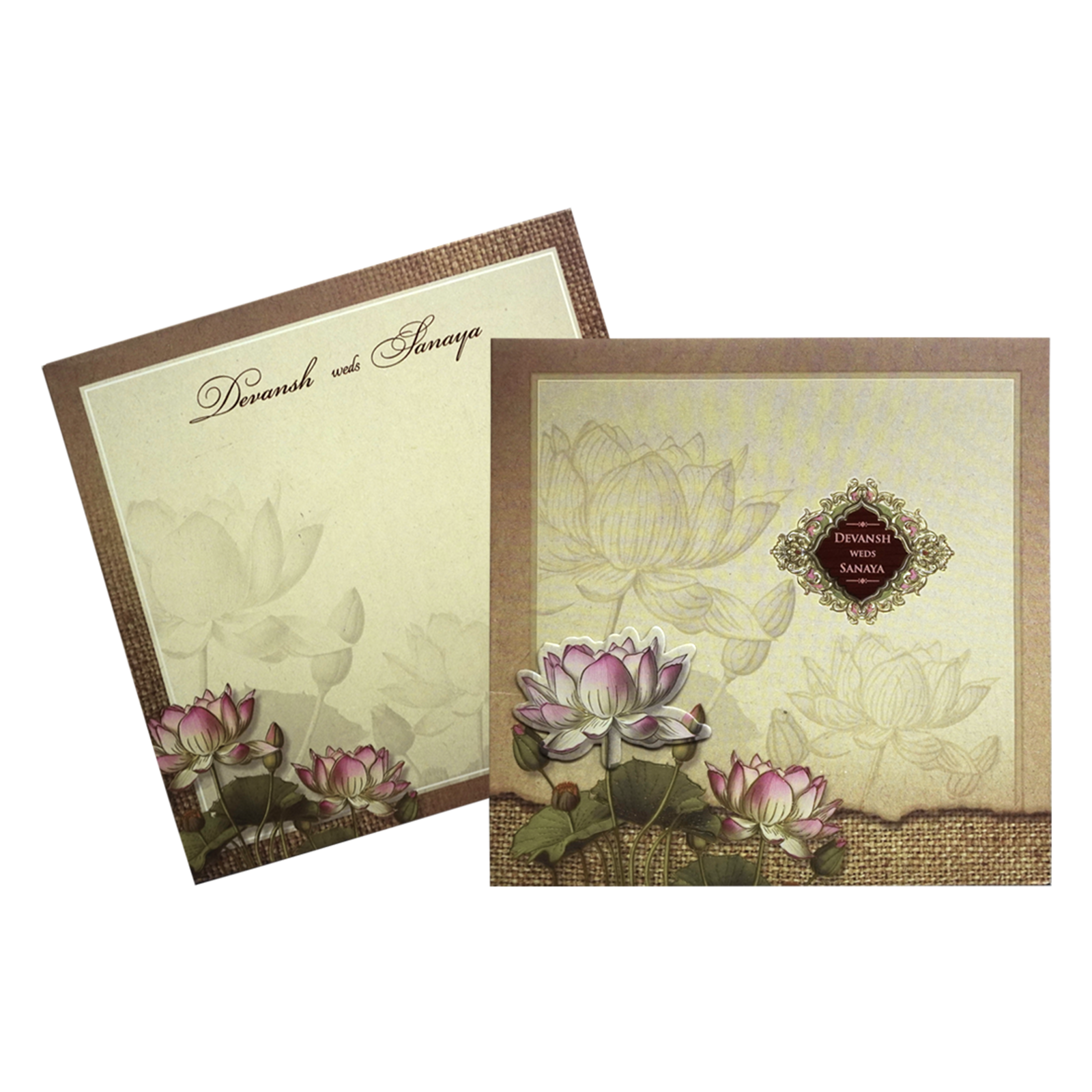 Light Brown Lotus Padded Wedding Card-KRC30220