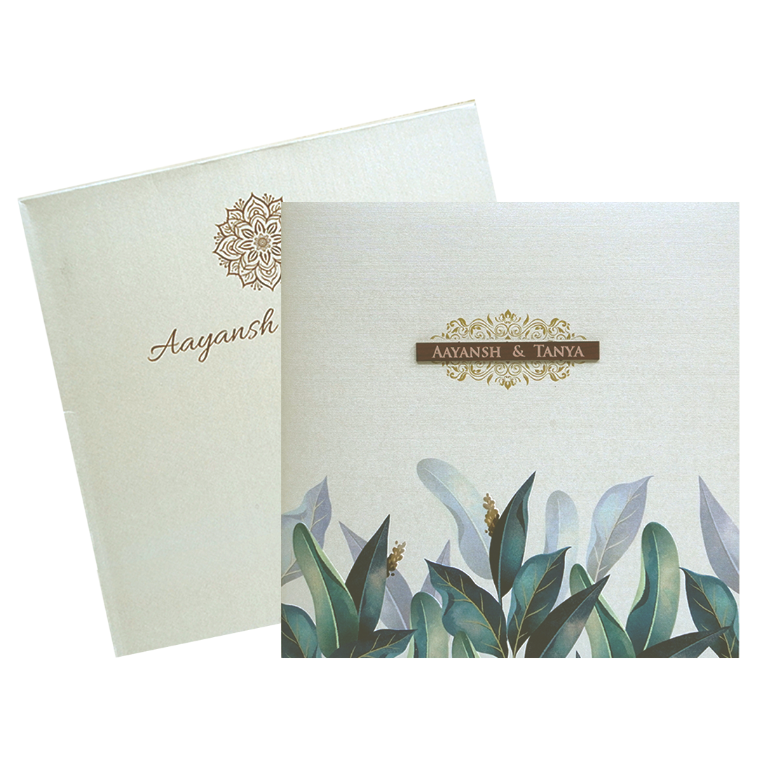 Pearl White Leaves Wedding Card-KRC30601