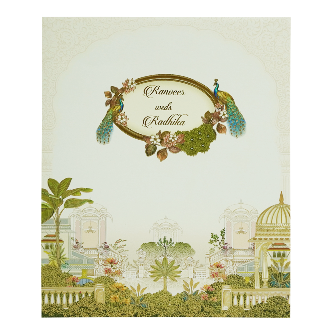 Lime Yellow Peacock Padded Wedding Card-Kac05320