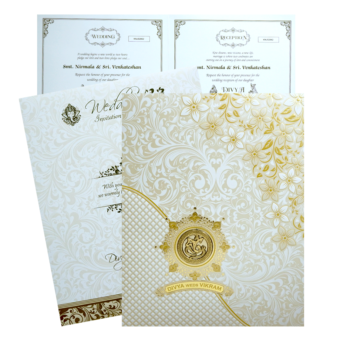 Our jumbo size gold foil floral design. And cover gold border design in bottom with two fold plain insert.