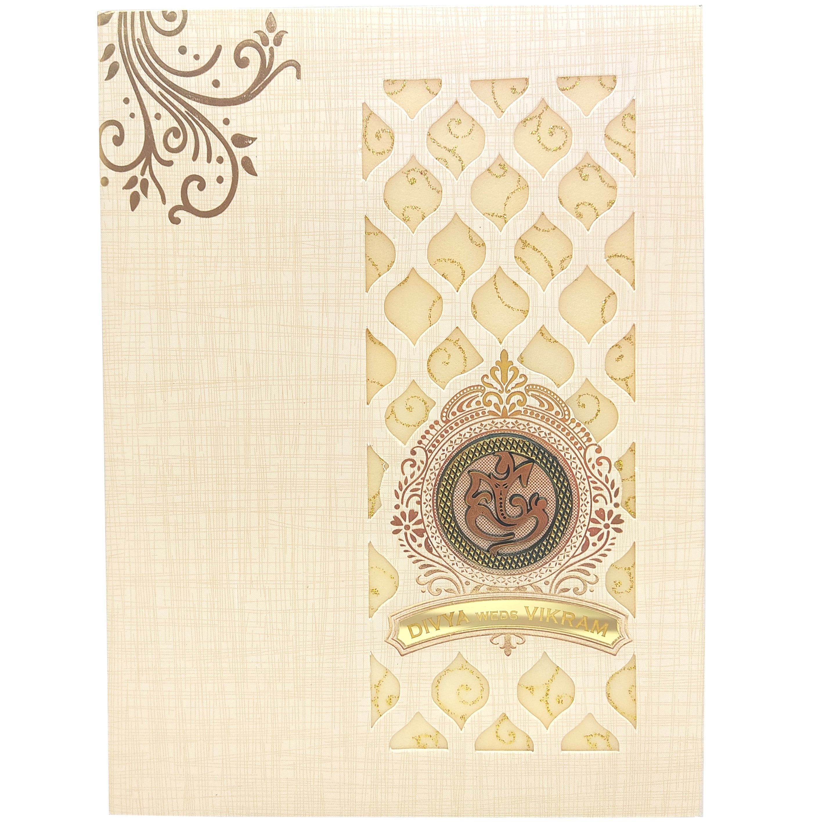 Sandal Metallic Die Cut Design With Name Plate Wedding Card-KNK7030S