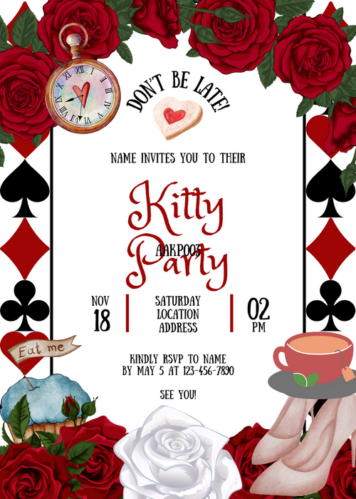 White Background Rose Kitty Party Invitation-King of Cards