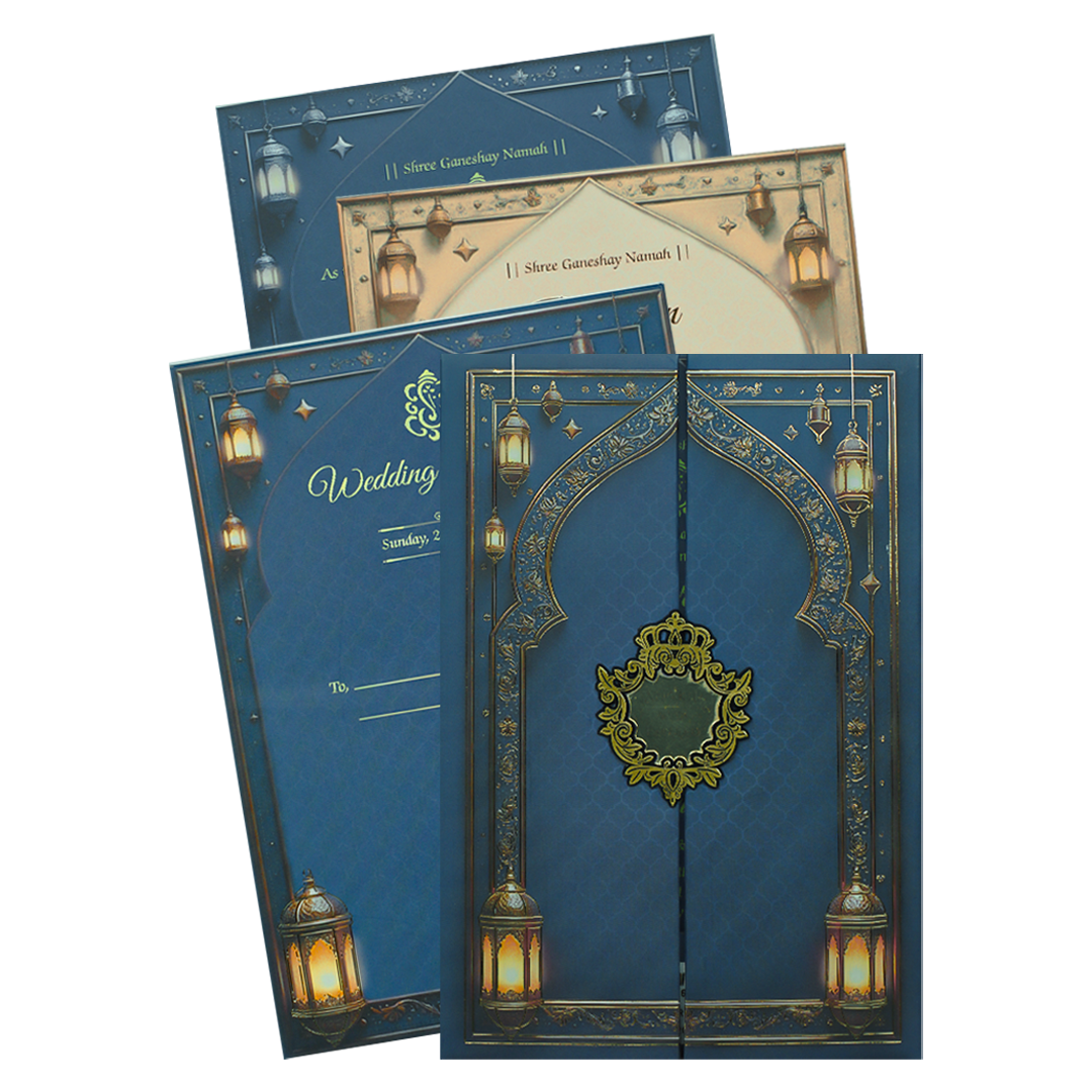 Navy Blue Palace Padded Wedding Card-KJTS3678