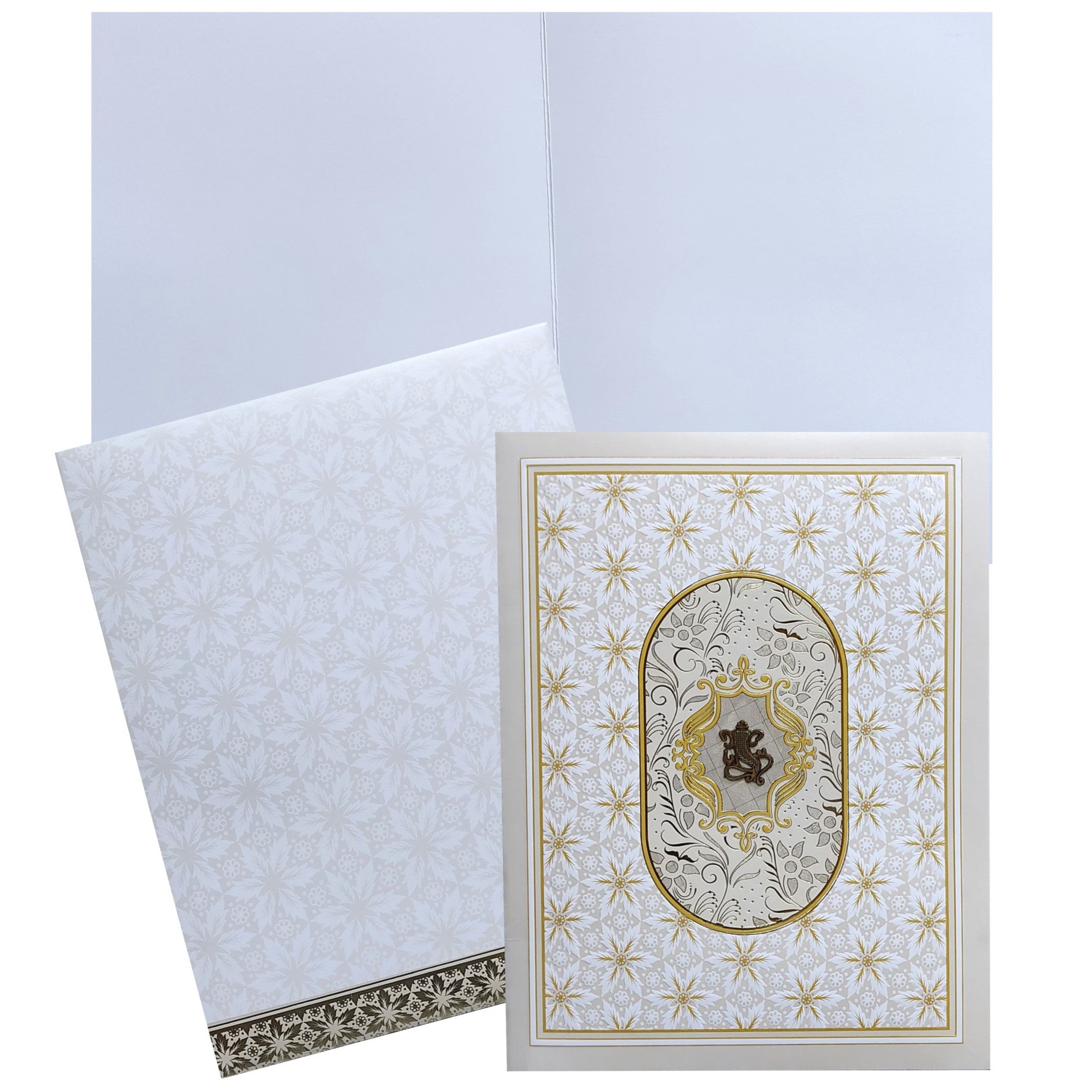 White Ganesha Gold Embossed Wedding Card-KNJS2078