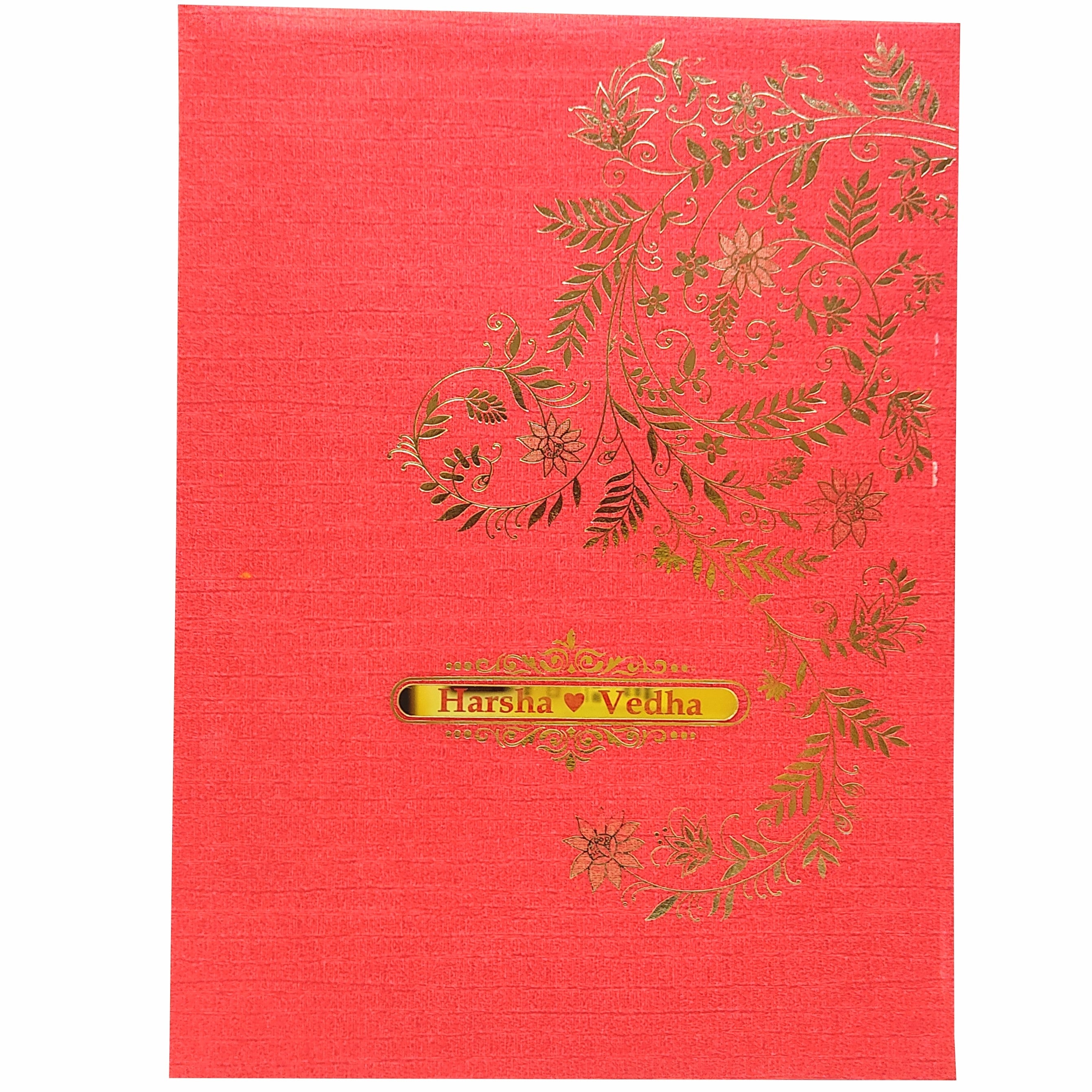 Red Padded Floral Wedding Card In Gold Foiling-KNPC9519R