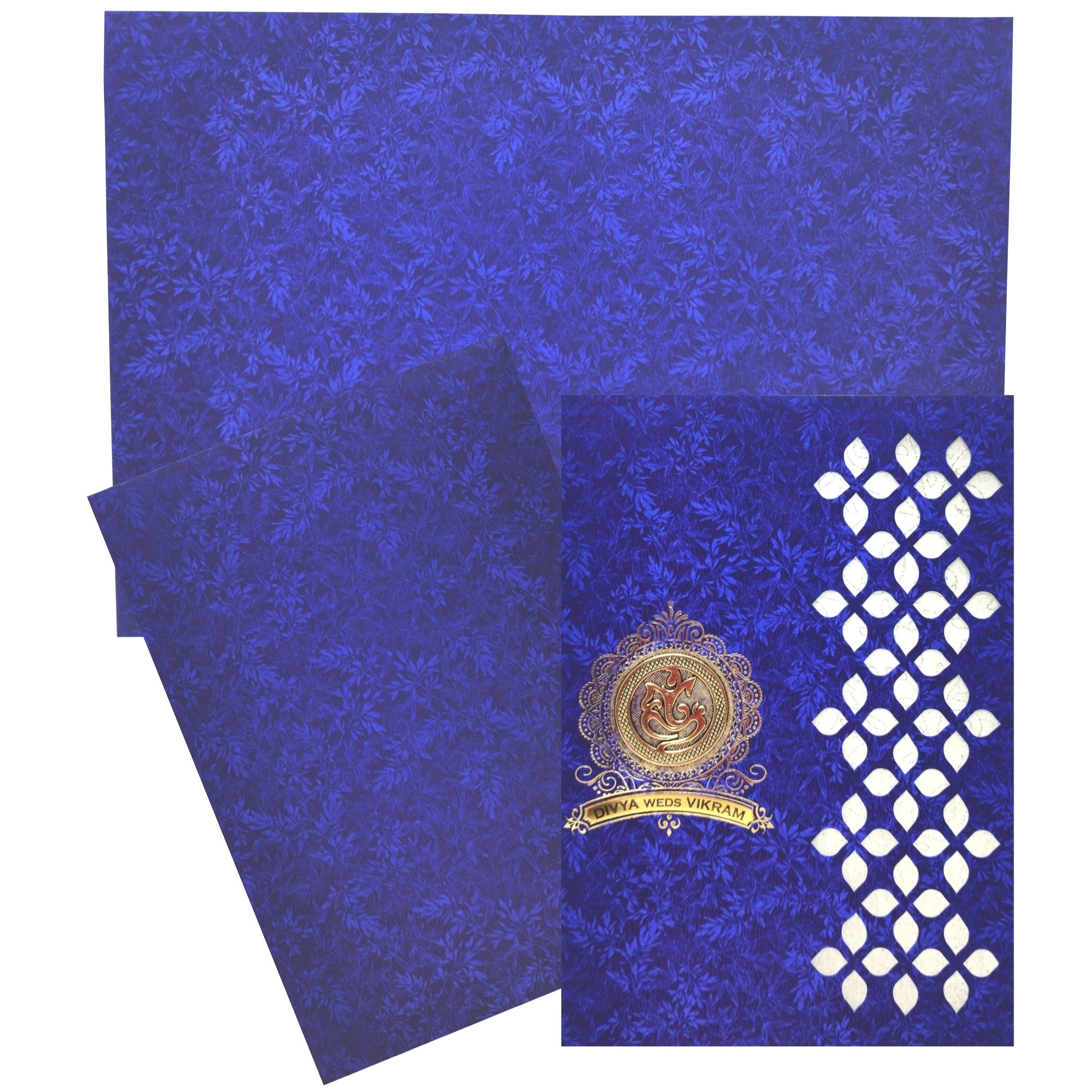 Blue Metallic Die Cut With White Wolly Wedding Card-KNCM33BM